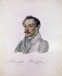 Portrait du poete et decabriste Comte Alexander I.Odoevsky (1802-1839) (decabrisme) (Retrato do poeta, conde dezembrista Alexander I. Odoevsky). Pintura de Nikolai Alexandrovich Bestuzhev (1791-1855). Aquarelle sur papier, 22,2 x 17,8 cm