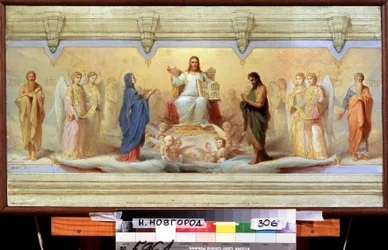 Os Sete Sacramentos Sagrados. Alegoria da Igreja Ortodoxa Russa, representando o baptismo, a eucaristia, a crisma, a penitência, a unção extrema, o casamento e o sacramento da ordem. No centro, Jesus Cristo segura um l