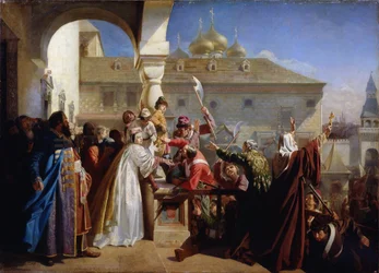 A revolta das estrias de 1682: a czarina Natalia Narychkina (1651-1694) mostrando Ivan V (1666-1696) à estria - Pintura de Nikolai Dmitrievich Dmitriev Orenburg