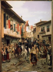 Guerra Russo-Turca de 1877-1878: "O Grão-Duque Nicholas Nikolaievich da Rússia (Nicholas Nicolaievich o Velho) (1831-1891) em Veliko Tarnovo em 03/06/1877 na Bulgária" Pintura de Nikolai Dmitrievich Dmitriev Orenburgski (D