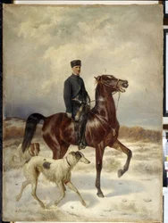 O Caçador (O Caçador). A cavalo e acompanhado por seus cães Barzoi (galgo russo). Pintura de Nikolai Yegorovich Sverchkov (Nicolas Swertschkoff) (1817-1898), óleo sobre tela. arte russa