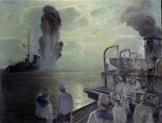 Revolução Russa de 1917: a frota russa do mar Negro afunda os seus próprios navios em 18 de junho de 1918. Pintura de Nikolai Evlampievich Bublikov (1871-1942)
