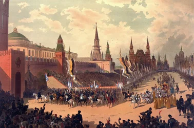 Álbum de coroação do czar Alexandre III da Rússia (1845-1894) e da imperatriz Maria Feodorovna (Dagmar da Dinamarca) (1847-1928) - A entrada cerimonial de Alexandre III na Praça Vermelha (do álbum de coroação) de Karasin, Nikolai Nikolayevich