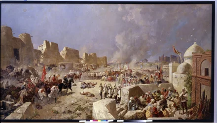 O exército russo invade Samarcanda (Uzbequistão) (O exército russo invadiu Samarcanda). Período de expansão russa na Ásia Central, os russos tomam Samarcanda em 1868. Pintura de Nikolai Nikolayevich Karasin (1842-1908), óleo sobre tela 1888. Arte