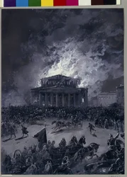 O incêndio do Teatro Bolshoi em Moscou (Rússia), 11 de março de 1853 (Movimento da multidão em frente ao prédio e chegada dos bombeiros) - Obra de Nikolai Nikolayevich Karasin (1842-1908), guache sobre papel - arte russa, segunda metade do século XIX - S.