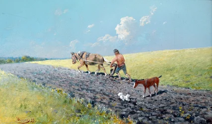 ""arar"" Camponês arando seus campos, Rússia Pintura de Nikolai Nikolayevich Karasin (1842-1908) 1899 Dim 16,5x27,5 cm Coleção particular