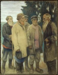 Leo Tolstoy com Agricultor - Pastel por Bogdanov-Bjelski