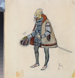 Traje preparado, le baron avare, para a peça de teatro "Le chevalier avare" de Alexandre Pouchkine (1799-1837) (Desenho do traje para a peça de teatro The Miserly Knight de A Pushkin) - Oeuvre de Nikolai Pavlovich Ulyanov (Oulianov) (1875-1949), cra