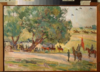 Manobras militares perto de Moscovo - por Nikolai Pavlovich Ulyanov (1875-1949), petróleo a bordo