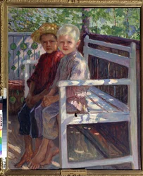 Crianças. Duas crianças, uma com cabelo louro, a outra com cabelo castanho, sentadas descalças sobre um banco ao sol. Pintura de Nikolai Petrovich Bogdanov Belsky (Bogdanov-Belsky) (Bogdanov-Belski) (1868-1945). Óleo sobre tela