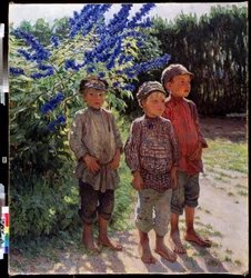 Garcons paysans (camponeses). Peinture de Nikolai Petrovich Bogdanov Belsky (Bogdanov-Belsky) (Bogdanov-Belski) (1868-1945). Huile sur toile