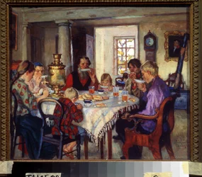 Novos proprietários, grande família à mesa a beber chá na sua nova casa, imploram o século XX (óleo sobre madeira)