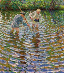 Rapazes pescando lagostins