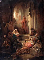 Uma cena da vida de Dante Alighieri (1265-1321) (Uma cena da vida de Dante Alighieri). Obra de Nikolai Petrovich Lomtev (1816-1859), óleo sobre papelão