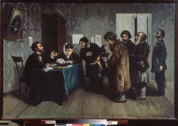 Tribunal de arbitragem nas províncias. Cena diária da justiça. Pintura de Nikolai Petrovich Zagorsky (1849-1893), óleo sobre tela