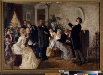 Duo. (Cantores dando um concerto em uma sala privada). Pintura de Nikolai Petrovich Zagorsky (1849-1893), óleo sobre tela. arte russa