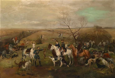 Festa de caça com o imperador Alexandre III e a imperatriz Maria Feodorovna, década de 1880