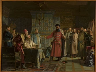 La querelle de Zakhary Petrovich Lyapunov (mort apres 1612) avec le tsar Vassili IV Chouiski (1552-1612) au Kremlin - A disputa de Zakhary Lyapunov com o czar Vasili Shuisky no Kremlin, por Nevrev, Nikolai Vasilyevich (1830-1904). Óleo sobre tela