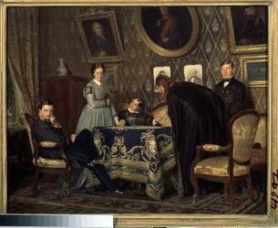 A Ala. Pessoas de aspecto vergonhoso e embaraçoso reunidas em torno de uma mesa num interior burguês. Pintura de Nikolai Vasilyevich Nevrev (1830-1904)