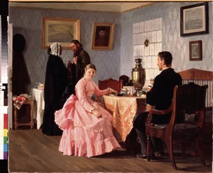 O Matchmaking. Encontro organizado em torno de uma xícara de chá, para a organização do casamento de um jovem casal. Pintura de Nikolai Vasilyevich Nevrev (1830-1904), óleo sobre tela
