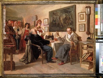 O Mercado. A venda de servos Servitude na Rússia: um comprador e um comerciante negociam o preço de compra de uma mulher numa venda de servos. Pintura de Nikolai Vasilyevich Nevrev (1830-1904)