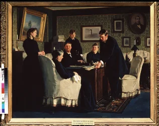 As contas da família. Pintura de Nikolai Vasilyevich Nevrev (1830-1904), óleo sobre tela