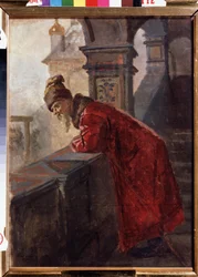 Um boyar (boiard, boiar) em vestido tradicional no final do século XVI - Rússia (Boyar on the Porch) - Pintura de Nikolai Vasilyevich Nevrev (1830-1904) - Óleo sobre tela - Museu de Arte Estadual Regional I Pozhalostin, Ryazan