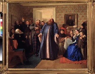 Um Protodiácono na Festa do Dia do Nome do Mercador. Pintura de Nikolai Vasilyevich Nevrev (1830-1904), óleo sobre tela, cerca de 1860. Arte russa do século XIX. Galeria Estatal Tretyakov, Moscou