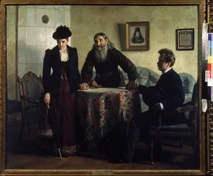 Uma Repreensão (Uma Admoestação). Um casal em crise conjugal visita um padre ortodoxo e recebe uma lição de conduta moral. Pintura de Nikolai Vasilyevich Nevrev (1830-1904), óleo sobre tela