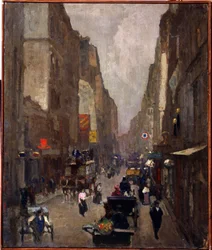 Rue Saint Denis a Paris (Rue Saint Denis em Paris). Peinture de Nikolai Vasilyevich Dosekin (1863-1935). Huile sur toile, 81,5 x 67,5 cm
