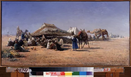 Cairo (Egipto) (Cairo). Cena de um acampamento de caravanas no deserto, a cidade no fundo. Pintura de Nikolai Yegorovich Makovsky (1842-1886), óleo sobre tela