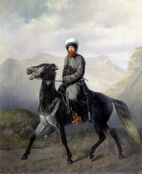 Retrato equestre de Shamil (Imã Shamil, Schamil) (1797-1871), chefe das tribos muçulmanas do Cáucaso do Norte