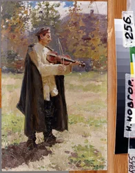 Canção da casa. Soldado tocando violino. (Canção de casa. Soldado tocando violino). Pintura de Nikolai Alexeyevich Kasatkin (Kasatkin) (1859-1930), óleo sobre tela