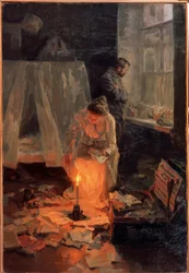 A Dissolução. Em um interior desarrumado, um casal, a mulher queima documentos na chama da vela, enquanto o homem fica na frente da janela olhando pensativo. Pintura de Nikolai Alexeyevich Kasatkin (Kasatkin) (1859-1930),