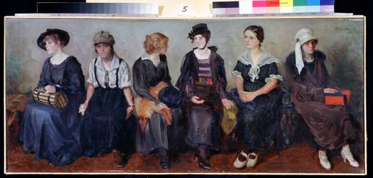 Grupo de teatro (Theatre troupe). Retratos de seis jovens mulheres sentadas uma ao lado da outra, com expressões diferentes. Pintura por Nikolai Alexeyevich Kasatkin (Kasatkin) (1859-1930), óleo sobre tela