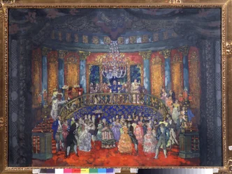 Bola. (Noite da sociedade aristocrática em um palácio russo). Obra de Nikolai Nikolayevich Sapunov (Sapunov) (1880-1912), têmpera sobre papelão