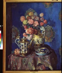 Natureza morta com flores. Obra de Nikolai Nikolayevich Sapunov (Sapunov) (1880-1912), têmpera e pastel sobre papelão. Arte russa do início do século 20, arte moderna. Museu Estatal Russo, São Petersburgo.