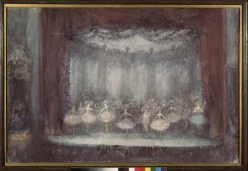 Um ballet (cena de teatro com bailarinas em tutu). Trabalho de Nikolai Nikolayevich Sapunov (Sapunov) (1880-1912), tempera, giz, prata e bronze a bordo