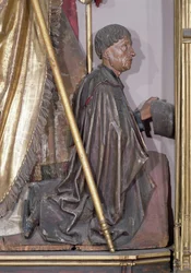 O Retábulo de Isenheim, Santo Agostinho detalhe de Jean dOrlier, doador, c.1490 tinta dourada sobre madeira