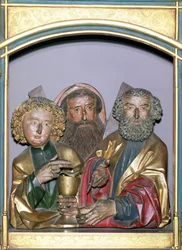 Esculturas em madeira de SS. John, Andrew e Peter, da predella do Retábulo de Isenheim, c.1490 (madeira pintada)