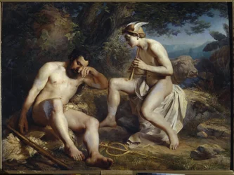 Mercúrio e Argus - Mercúrio embalando Argus para dormir - Koshelev, Nikolai Andreyevich (1840-1918) - 1864 - Óleo sobre tela - 138x179 - Museu da Academia de Belas Artes, São Petersburgo. São Petersburgo