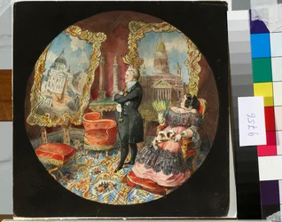 O arquitecto Auguste Ricard de Montferrand (1786-1858) e a sua esposa no seu salão, contemplando orgulhosamente pinturas representando algumas das suas obras - Desenho de Nicolas Benois (1813-1898)