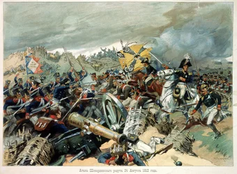 A batalha de Borodino, 7 de Setembro de 1812 (26 de Agosto de 1812), terceira ofensiva francesa (ou batalha do Moskva, opondo o Grande Exército de Napoleão às tropas russas, durante a campanha russa) - Trabalho de Nikolai Semyonovich Samokish (1860-194)