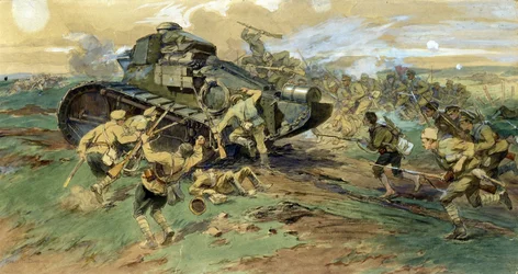 A Captura de um Tanque na Crimeia. Cena de batalha durante a Guerra Civil Russa (1917-1923), entre o Exército Branco e os Guardas Vermelhos. Trabalho de Nikolai Semyonovich Samokish (1860-1944), aguarela sobre papel