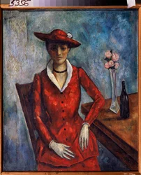 Uma mulher de vermelho - Pintura de Nikolai Vladimirovich Sinezubov (Nicolas Sinezouboff) (1891-1956), óleo sobre tela