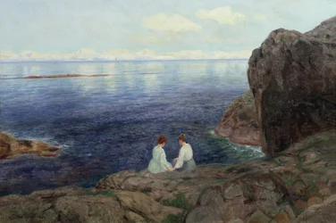 Noite tranquila de verão na costa norueguesa (óleo sobre tela)