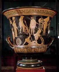 Cratera de cálice ática de figuras vermelhas representando Hércules com uma coroa de louros, Atena e outros heróis gregos, c. 450 a.C.