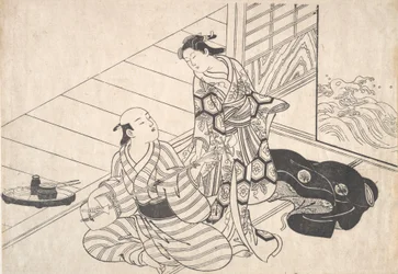 Lady interrompendo seu amante, que está jogando o Shamisen.
