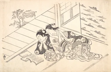 Duas mulheres reclinadas no chão de uma sala e lendo um livro, c. 1730., c. 1730.