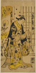 O ator Segawa Kikujiro I como Oshichi na peça "Shochikubai Kongen Soga", apresentada no Teatro Ichimura no terceiro mês de 1732